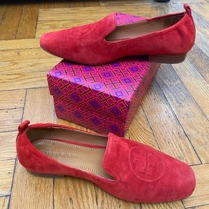 Tory Burch Red suede flats with elastic back. Slightly worn. Size 6.5